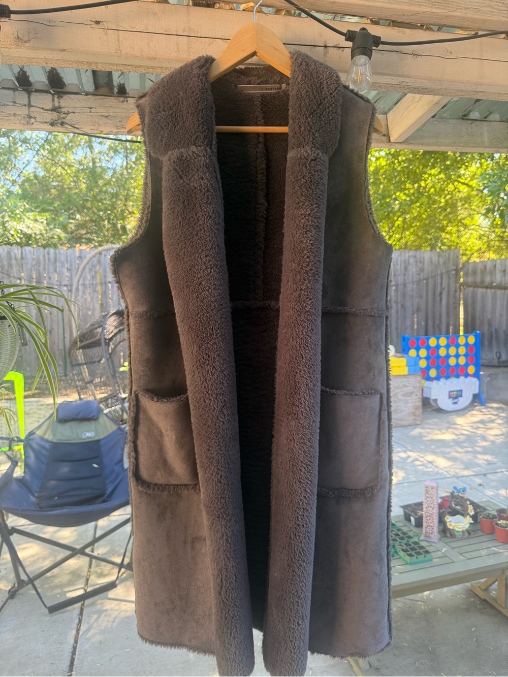Long Faux Shearling Vest in Dark Brown